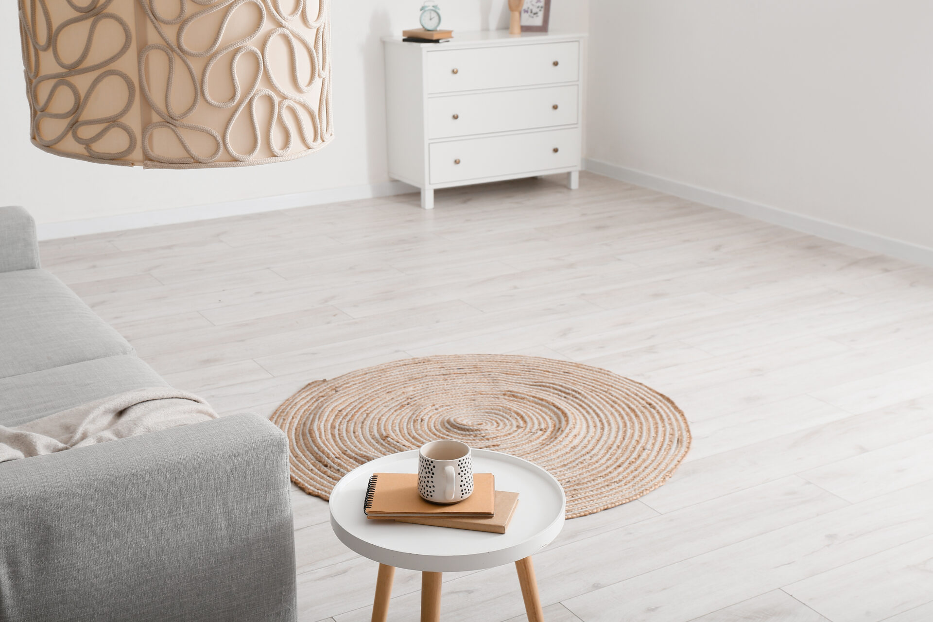 Minimalist room interior showing light-colored laminate flooring and neutral bohemian décor.