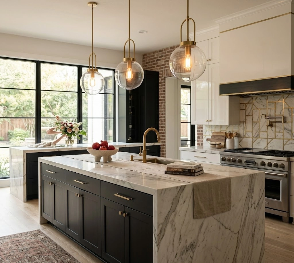 A glamorous kitchen interior featuring a large marble-top island with dark cabinetry, a brass faucet, and a row of three glass globe pendant lights.
