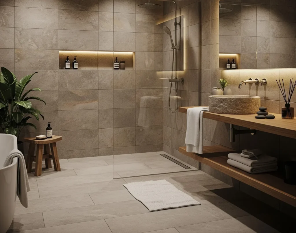 Modern luxury bathroom featuring stone-textured wall and floor tiles, a glass walk-in shower, and natural wood accents.