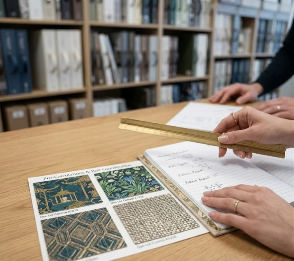 Professional consultation in a Lufkin showroom featuring designer wallpaper swatches, roll calculations, and pattern coordination for home and commercial projects.